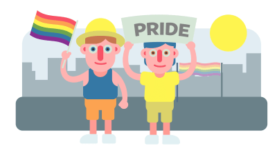 illustration av två karaktärer som deltar i prideparaden