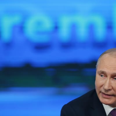 Vladimir Putin på sin årliga presskonferens i Moskva den 18 december 2014.
