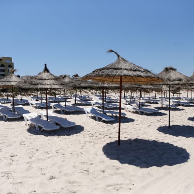 En hotellstrand med tomma solstolar i Sousse, Tunisien, där turister sköts ihjäl i juni 2015. Arkivbild från 1 juli 2015.