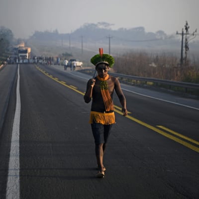 En invånare från ursprungsbefolkningen i Amazonas som promenerar på en landsväg som blockerats.
