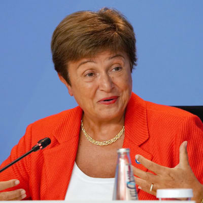 Kristalina Georgieva puhui lehdistötilaisuudessa Berliinissä elokuussa.