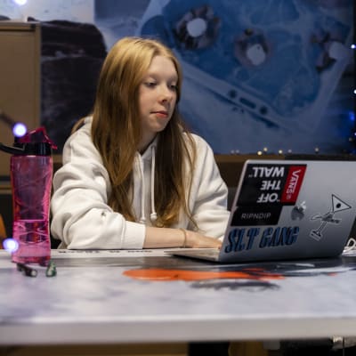 Matkailualan opiskelija Rovaniemen REDU:ssa Roosa Rissanen katsoo tietokonettaan.