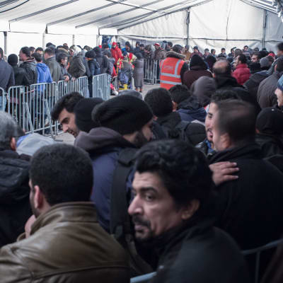 Flyktingar köar vid social- och hälsovårdstjänsten i Berlin i december 2015.