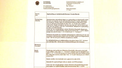 Ett pappersdokument, ett tjänstemannabeslut om stöd för ett bussbolag av staden Raseborg.