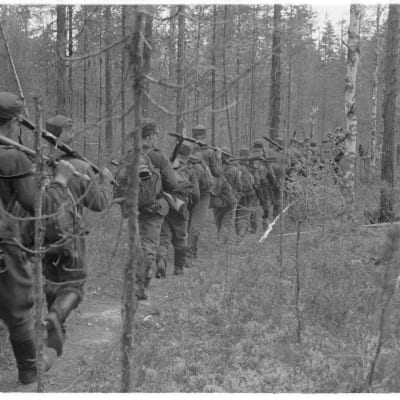 Läpi sankkojen metsien, yli soitten ja rämeitten käy kaukopartion tie Vienan korpisaloilla. Rukajärvi 1942.09.08