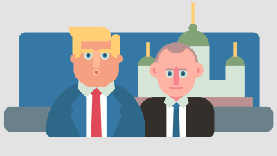 Illustration på Donald Trump och Vladimir Putin med Helsingfors domkyrka i bakgrunden.