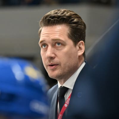 Sam Hallam tittar på hockeymatch.
