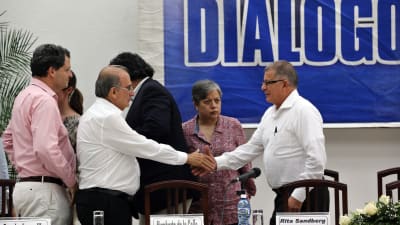 Colombias föhandlare Humberto de la Calle (t.v.) skakar hand med FARC-gerillans ledarfigur Rodrigo Granda (t.h.) under fredsförhandlingarna i Havanna den 12 maj.