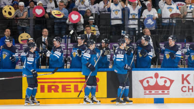 Finlands ishockeylejon jublar över ett mål.