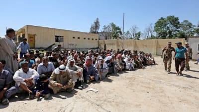Evakuerade civila män vid en säkerhetskontroll i Mosul där man granskar att ingen är en medlem av IS