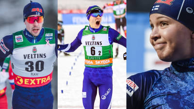 Medaljaspiranterna Ristomatti Hakola, Eero Hirvonen och Kerttu Niskanen är i elden under lagsprintsöndagen.