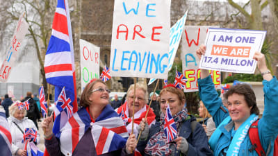 Fyra kvinnor med brittiska flaggor och plakat som visar att de stöder brexit.