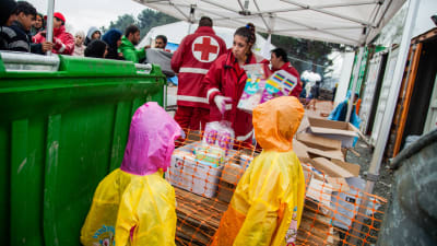 Röda korsets personal delar ut förnödenheter i ett tält.
