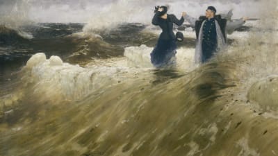 På bilden syns Ilja Repins tavla "Vilken frihet!" (1903) där Repin står mitt i stora vågor tillsammans med en kvinna.