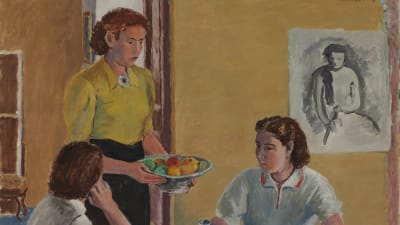 Bild på målning av Aarre Heinonen (1938) där folk samlats vid ett kaffebord.