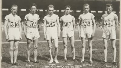 Finlands deltagare på 3000 meter i OS i Paris 1924: Frej Liewendahl, Ville Ritola, Paavo Nurmi, Elias Katz, Eino Seppälä och Sameli Tala.