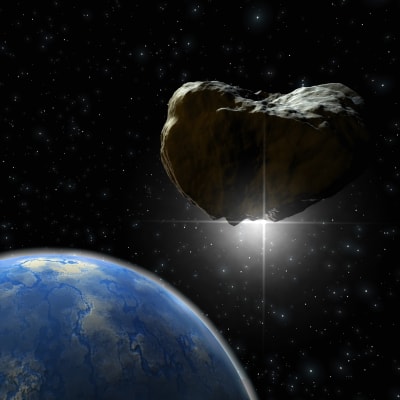 En asteroid närmar sig jorden i artistens vision.