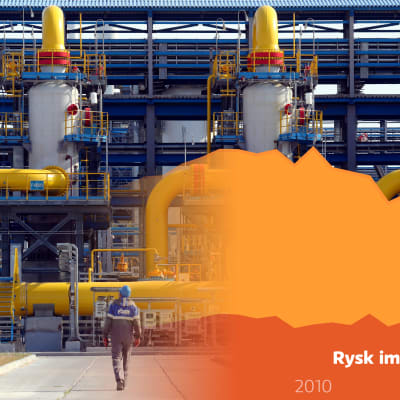 Grafik på en växande yta med etiketten "rysk import", inklistrad över ett foto över en naturgasanläggning.