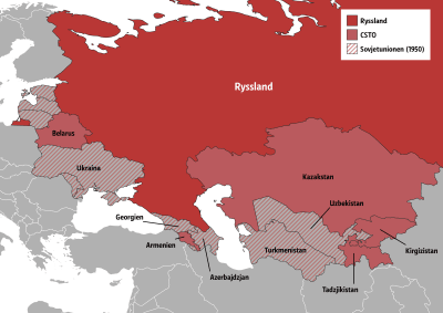 Kartan visar de postsovjetiska staterna i Centralasien och Kaukaisen samt medelmmarna i den ryska försvarsalliansen CSTO.