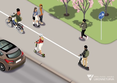 Illustration. Cyklister och elsparkcyklister åker längs cykelbanan, fotgängarna håller sig på gångbanan.