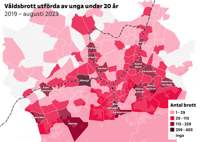 Karta som visar i vilka områden där flest våldsbrott utförda av unga under 20 år har inträffat.