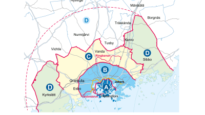 Grafik över zonerna i kollektivtrafiken i huvudstadsregionen. 