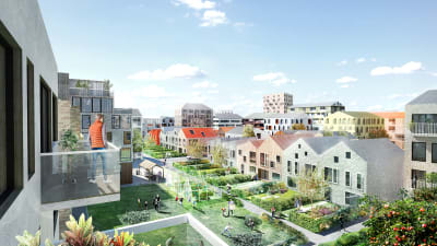 en illustration av det planerade bostadsområdet i Sandviken i Vasa. På bilden ser man en rad av så kallade town houses med grönområden framför sig.