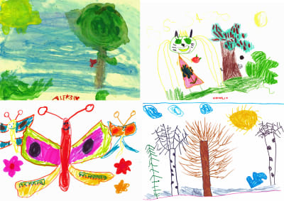 Neljä lasten piirrustusta kevätaiheesta kollaasina.