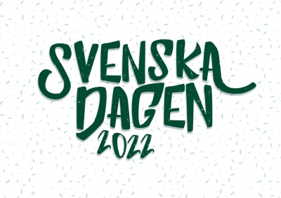 Svenska dagen 2022, grön logo mot vit bakgrund med konfetti i bakgrunden.