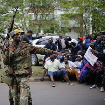 Soldater övervakar demonstration i Zimbabwes huvudstad Harare.  