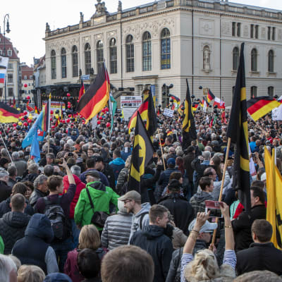 Valtava ihmisjoukko heiluttaa Saksan lippuja ja muita lippuja.