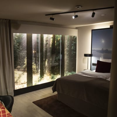 Ikkunaton hotellihuone, jonka seinässä valaistu seinätaulu metsämaisemalla.