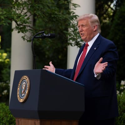 President Donald Trump talar i rosenträdgården vid Vita huset tisdagen den 14 juli 2020.