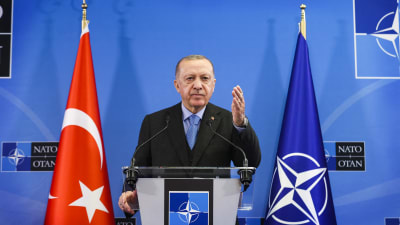 Recep Tayyip Erdogan står vid ett talarpodium och pratar. Han gestikulerar med handen. I bakgrunden Natos och Turkiets flaggor.