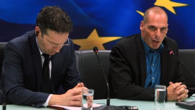 Eurogruppens ordförande Jeroen Dijsselbloem och Greklands finansminister Yanis Varoufakis