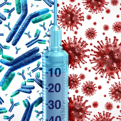 En illustration på antikroppar, en vaccinspruta och coronavirus.