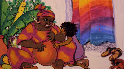 En ritad bild av en mormor som spelar på en trumma och ett barn som tittar på henne