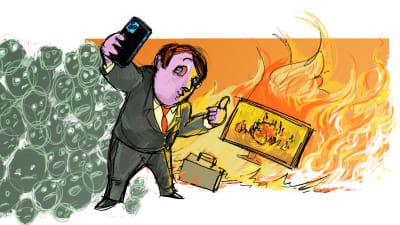 piirroskuva poliitikosta, joka ottaa itsestään selfietä tulipalon äärellä.