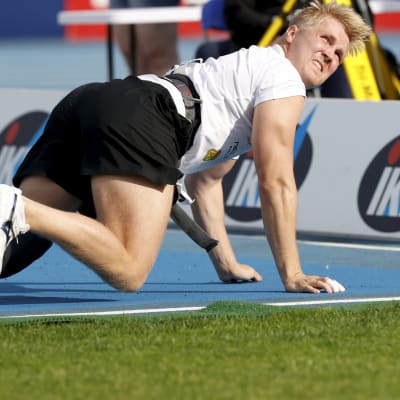 Toni Kuusela miesten keihäänheiton finaalissa Kalevan kisoissa Lahdessa 30. heinäkuuta 2023.