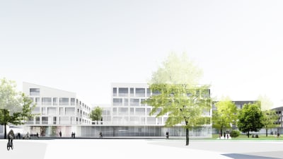 I vinnarförslaget till idétävlingen om tomten kring Grankulla stadshus, Huvilat, bevaras parken men stadshuset rivs och bostadshus med affärslokaler byggs här i stället.