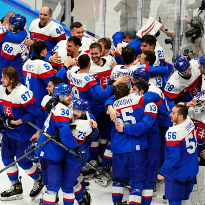 Slovak hockey players celebrate.