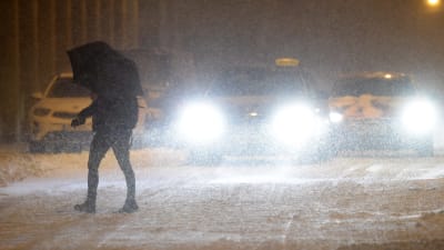 Fotgängare i snöstormen 1 februari.
