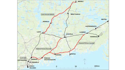 En karta över södra finland där planerade tågbanor har ritats ut.