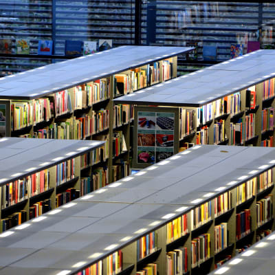 Stora långa bibliotekshyllor.