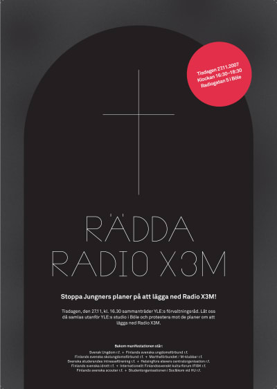 En affisch som liknar en svart gravsten med texten "Rädda Radio X3M"