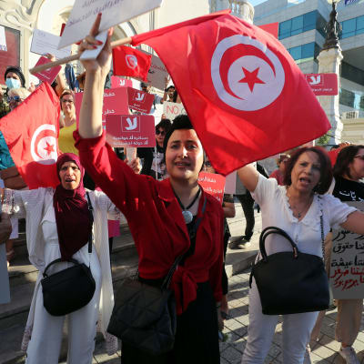 Mielenosoittajat heiluttivat Tunisian lippuja mielenosoituksessa 