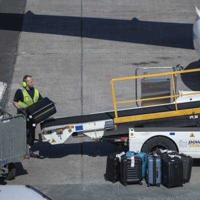 A baggage handler loading a suitcase onto a conveyor.