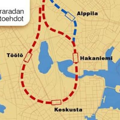 Centrumslingan inritad på en karta över Helsingfors