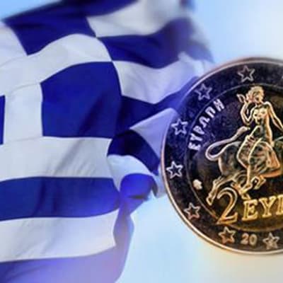 Bildmontage med Grekisk flagga och euromynt