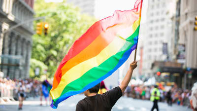 En person i svart t-tröja håller i en regnbågsflagga.